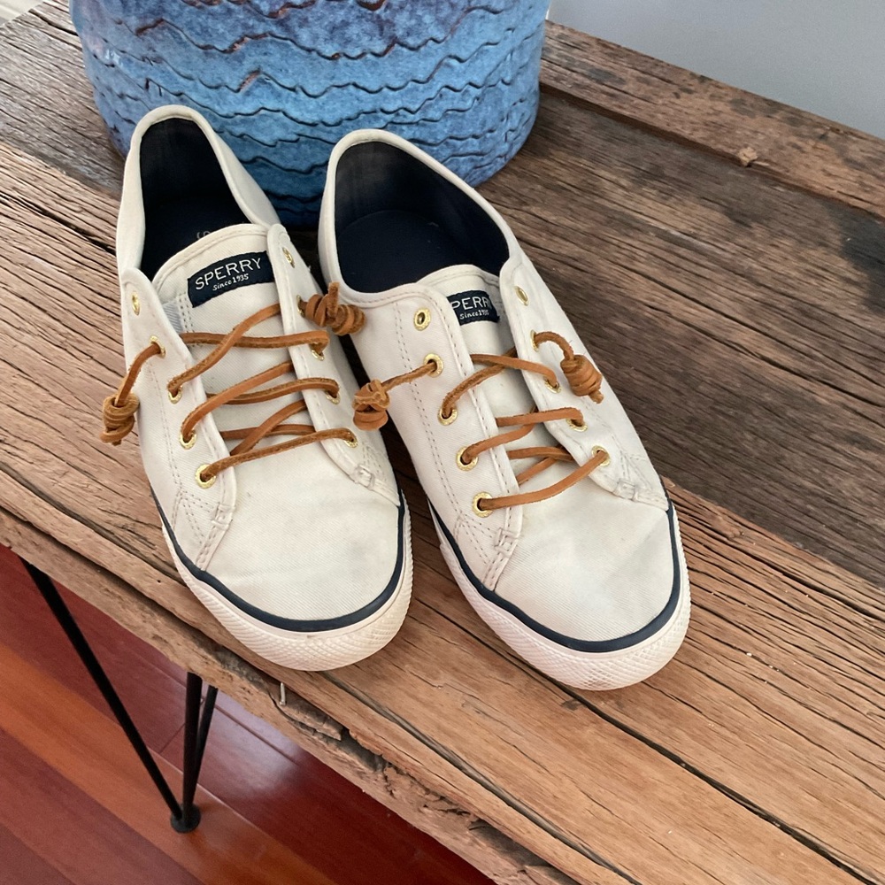 Sperry Off-White Canvas Shoes with Brown Laces